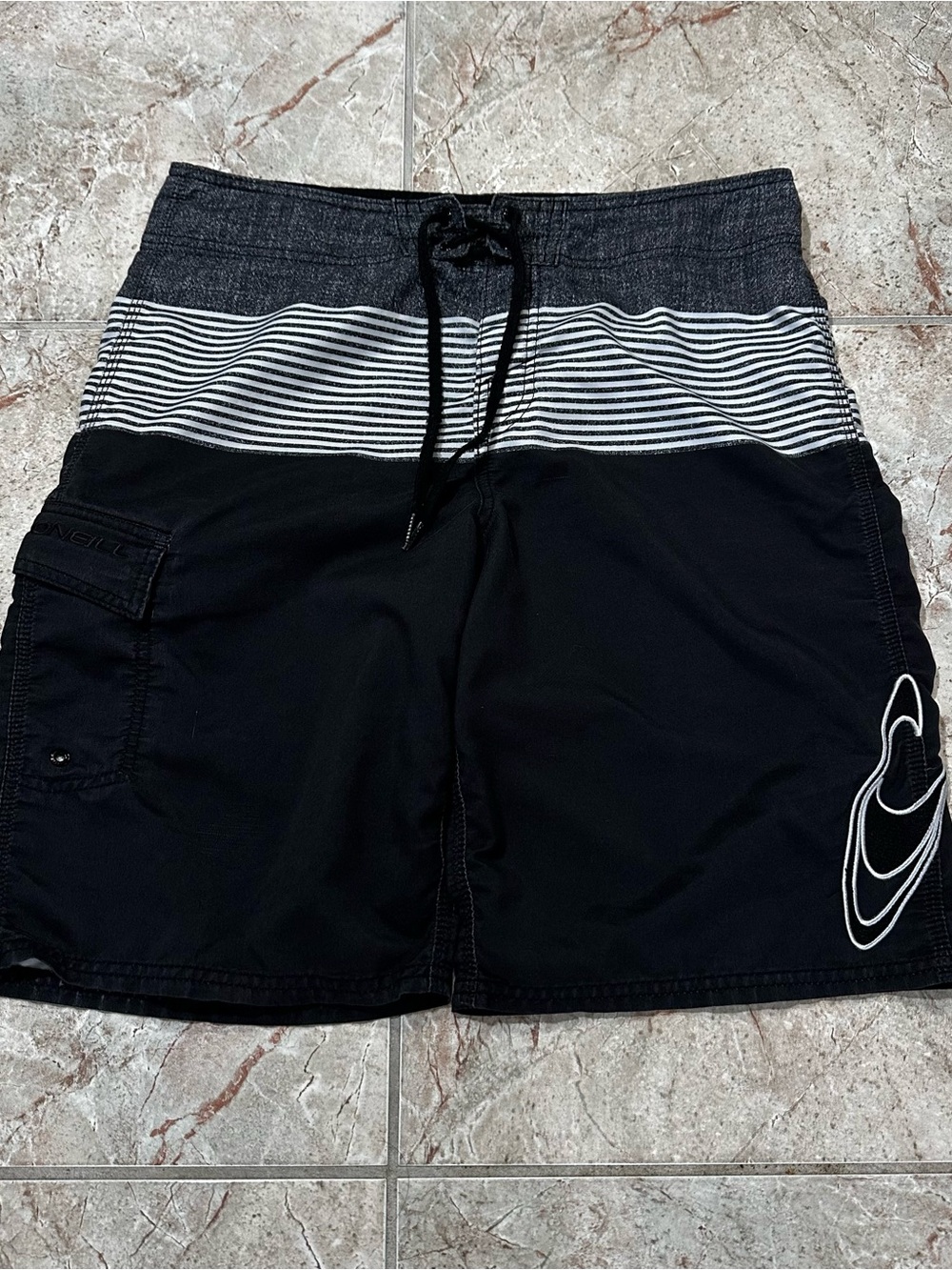 O'Neill Black Men's Hybrid Swim Shorts with Gray Waistband and White Stripe